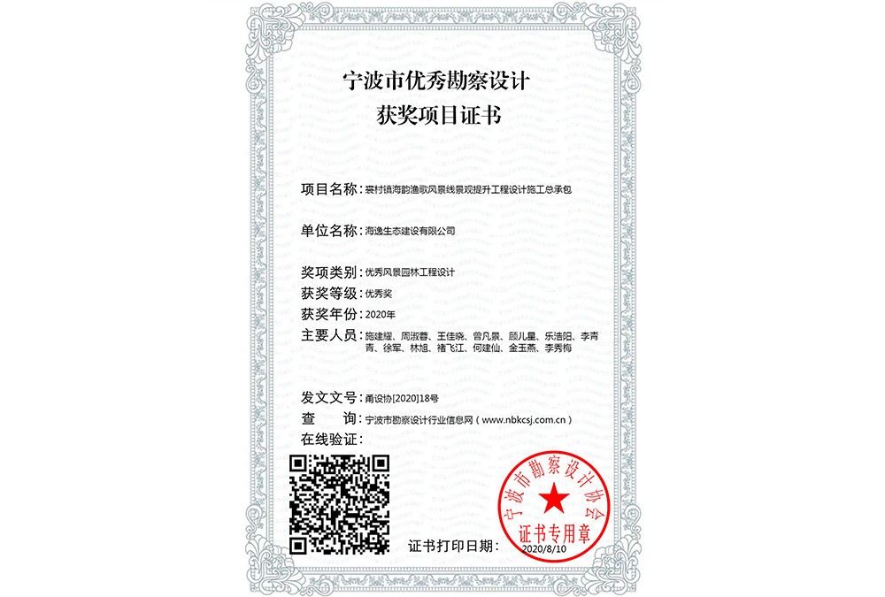 寧波市優(yōu)秀勘察設(shè)計(jì)獲獎(jiǎng)項(xiàng)目證書